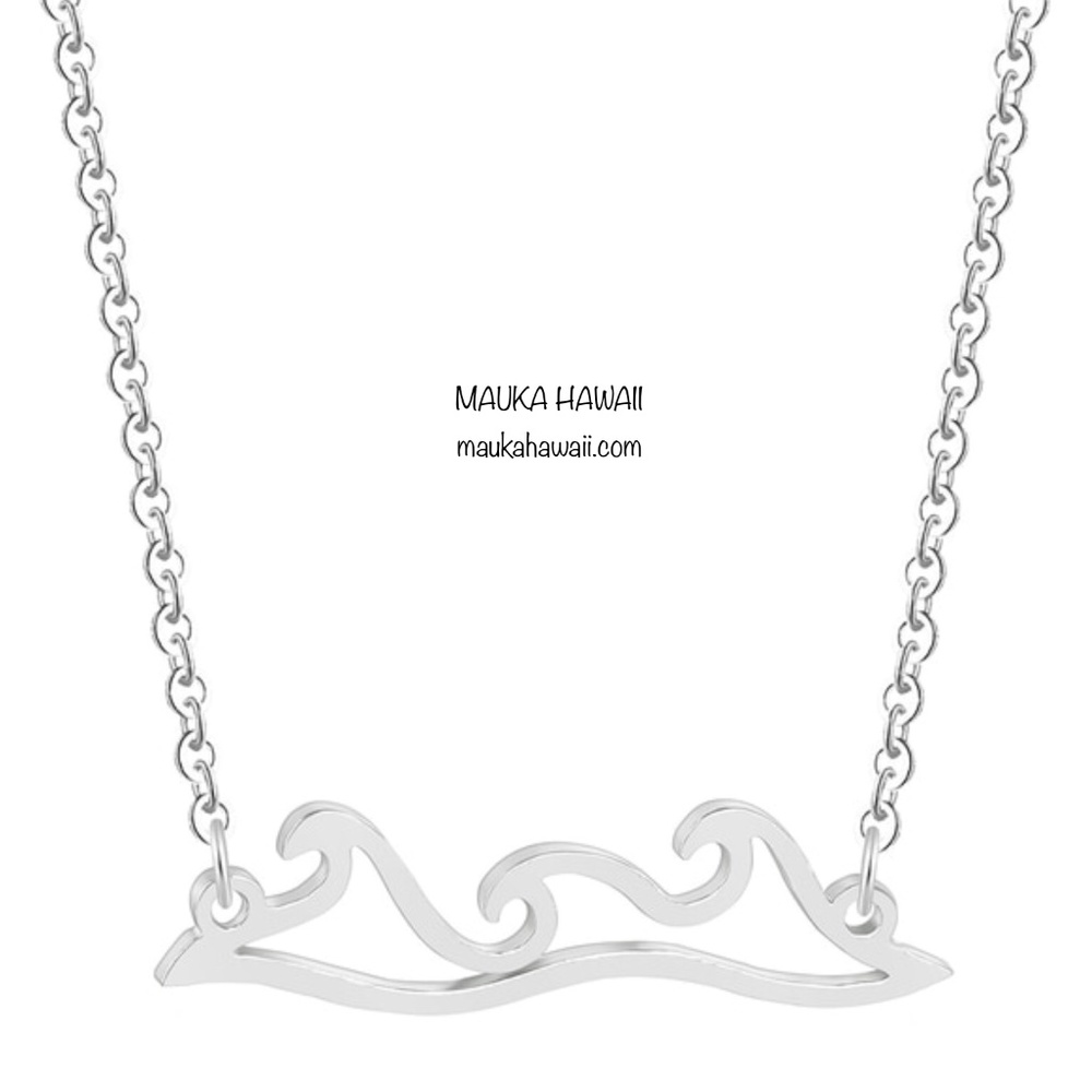 Stainless Ocean Beach Waves Silver Silhouette Pendant Necklace w 18in Chain New!